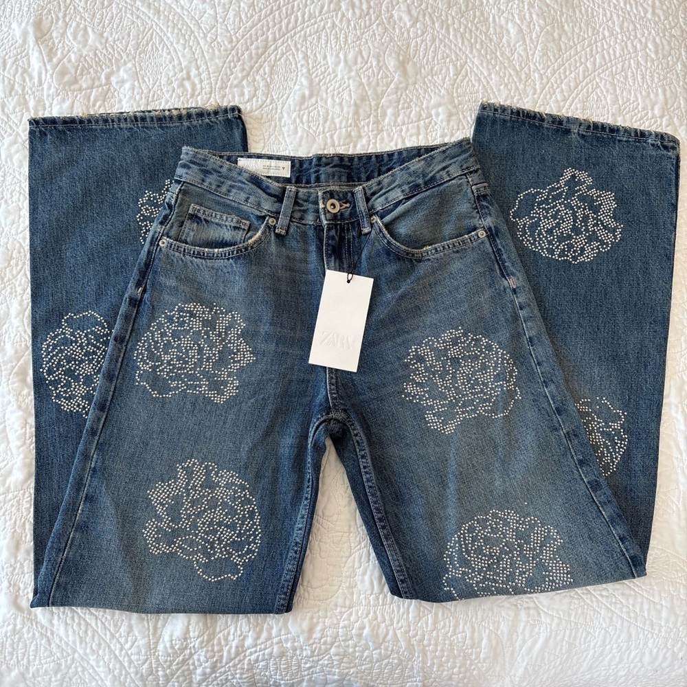 Zara Blue Straight Leg Embellished Jeans with Silver Studding